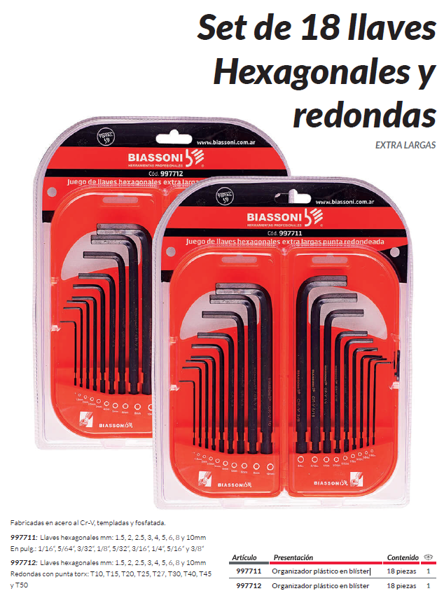 997711 Set de 18 llaves Hexagonales y redondas (BIASSONI) - Image 1